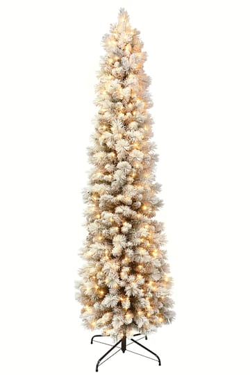 6.5Ft Pre-Lit Flocked Pine Pencil Artificial Tree, Warm White LED Lights By Puleo International in Green | 24" x 78" | Michaels®